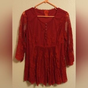 Women's V Cristina Size Small Embroidered Sheer Babydoll Top. Bright Red.